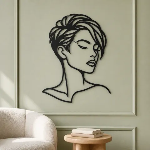 Vue alternative de Short Hair Modern Face Metal Wall Art | Minimalist Woman Line Art