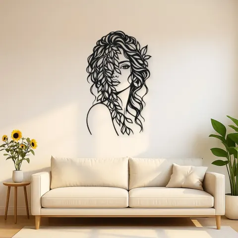 Leaf Veil Face Metal Wall Art | Minimalist Woman Line Art
