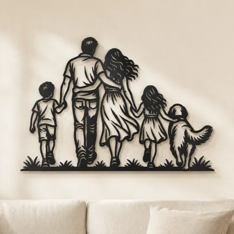Family with Dog Metal Wall Art | Pet Lover Silhouette Decor