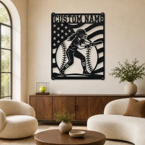 Décoration murale en métal personnalisée - Batteuse de softball féminine avec drapeau vertical