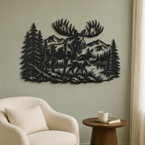 Vue alternative de Moose Pine Forest Metal Wall Art | Wildlife Silhouette Decor