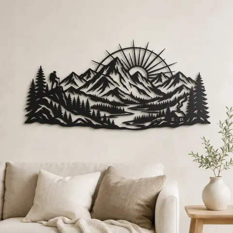 Mountain Sunrise Arc Metal Wall Art | Nature Silhouette Decor