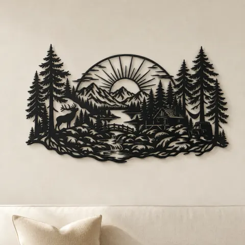 Forest Sun Arc Metal Wall Art | Nature Silhouette Decor