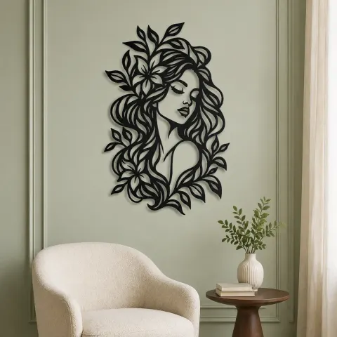 Vue alternative de Botanical Hair Face Metal Wall Art | Minimalist Woman Line Art