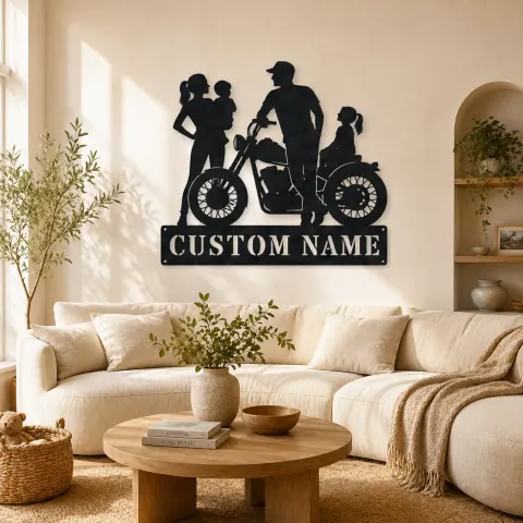 Décoration murale en métal personnalisée pour famille avec fille assise sur moto