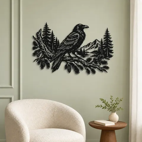 Vue alternative de Raven Forest Branch Metal Wall Art | Wildlife Silhouette Decor