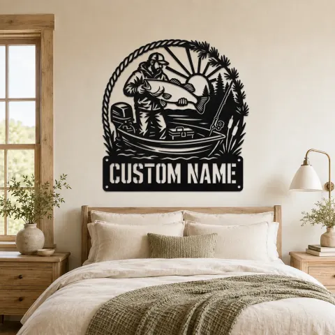 Vista alternativa de Cartel de metal personalizado de pescador con gran captura en barco