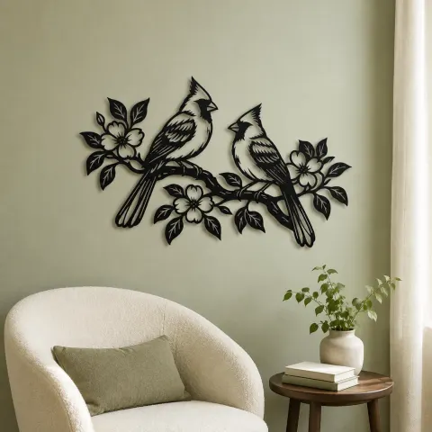 Vue alternative de Two Birds on Branch Metal Wall Art | Wildlife Silhouette Decor