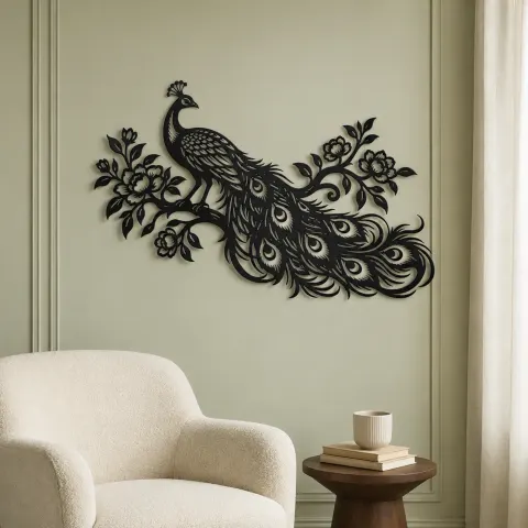 Vue alternative de Peacock Feather Flow Metal Wall Art | Wildlife Silhouette Decor