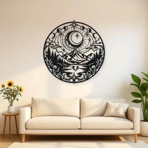 Moon over Mountains Metal Wall Art | Celestial Boho Wall Decor