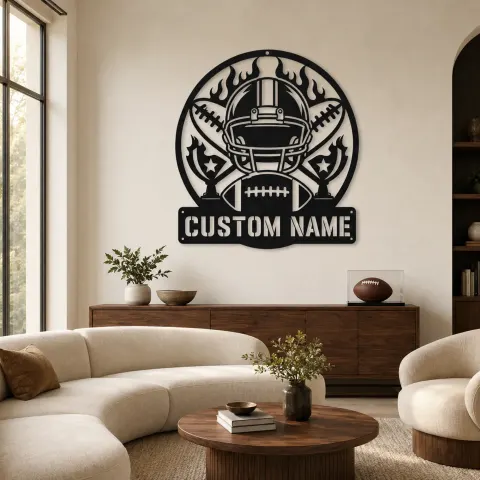Décoration murale en métal personnalisée avec trophée de casque de football et flammes