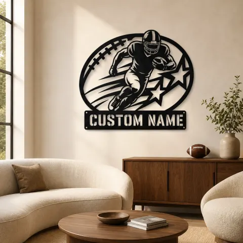 Décoration murale en métal personnalisée avec coureur de football et étoiles et lignes de vitesse