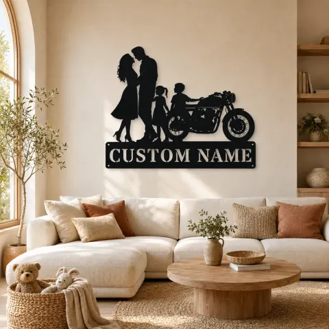 Décoration murale en métal personnalisée pour famille de quatre en moto classique