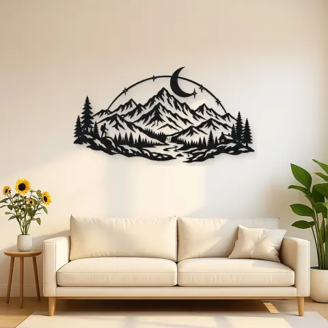 Moonlit Mountain Arc Metal Wall Art | Nature Silhouette Decor
