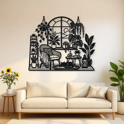 Window Plant Garden Metal Wall Art | Botanical Metal Wall Decor