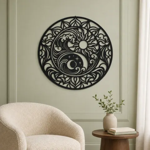 Vue alternative de Yin-Yang Waves Metal Wall Art | Spiritual Boho Metal Decor