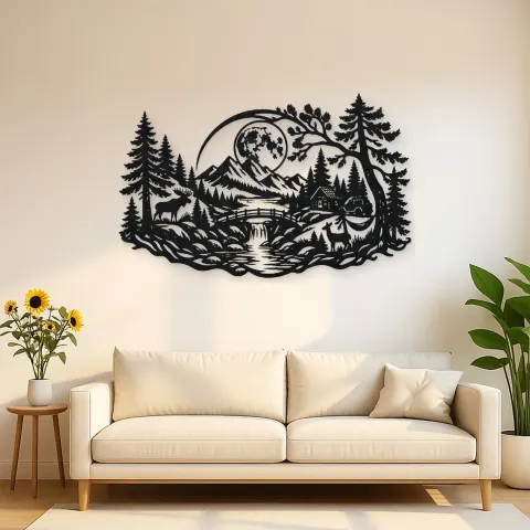 Forest Moon Arc Metal Wall Art | Nature Silhouette Decor