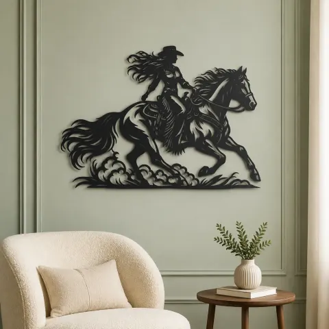 Vue alternative de Cowgirl and Horse Metal Wall Art | Equestrian Wall Decor