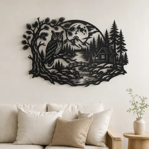 Owl Woodland Night Metal Wall Art | Wildlife Silhouette Decor