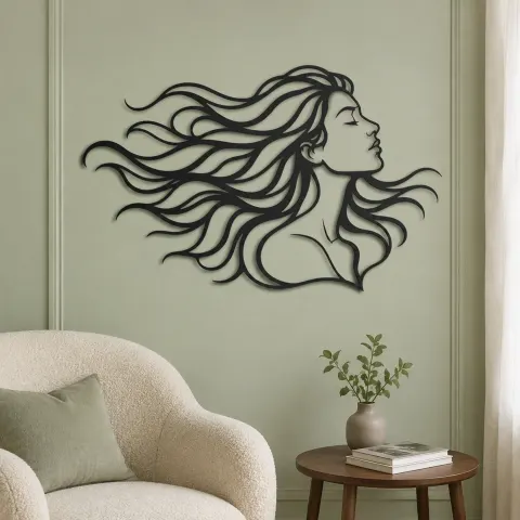 Vue alternative de Windblown Hair Face Metal Wall Art | Minimalist Woman Line Art