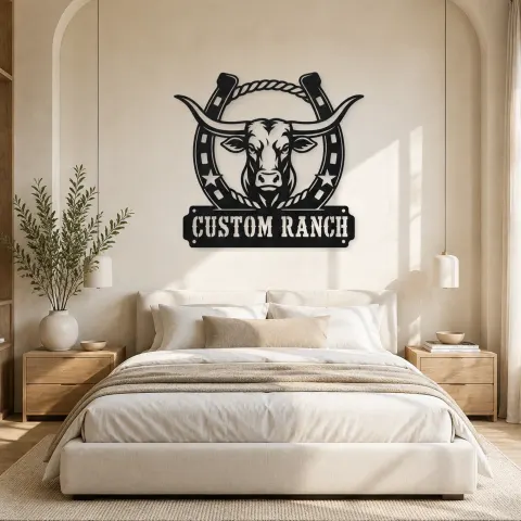 Vue alternative de Décoration murale en métal personnalisée Ranch Longhorn avec Cadre en Fer à Cheval