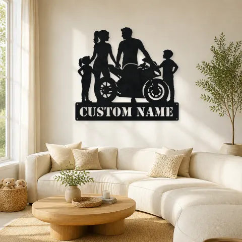 Décoration murale en métal personnalisée pour famille de quatre avec moto sportive