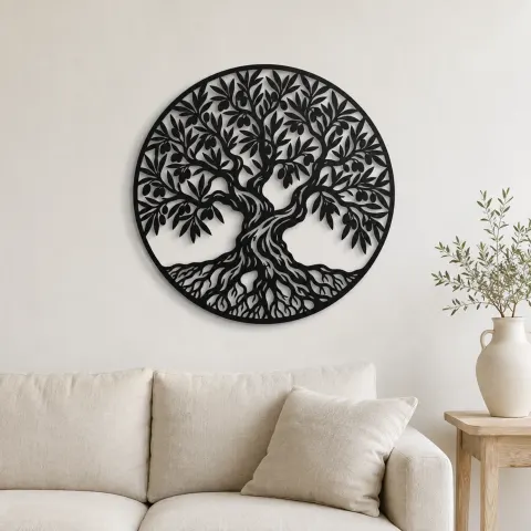 Olive Tree Circle Metal Wall Art | Botanical Metal Wall Decor