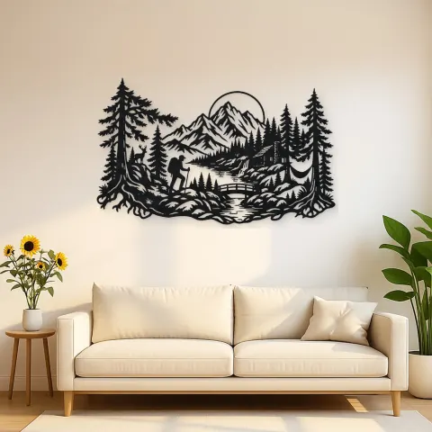 Hiker in the Woods Metal Wall Art | Nature Silhouette Decor