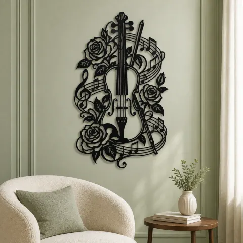 Vue alternative de Violin and Roses Metal Wall Art | Music Room Wall Decor