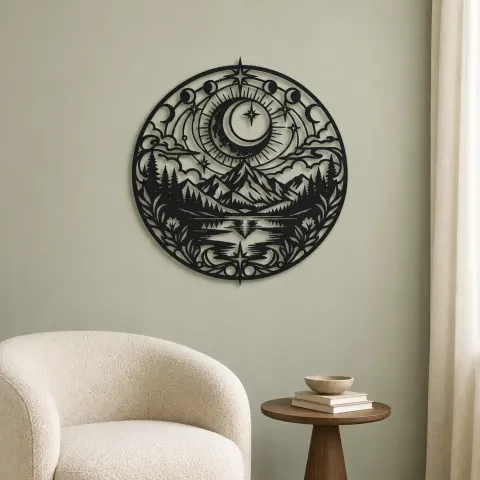 Vue alternative de Moon over Mountains Metal Wall Art | Celestial Boho Wall Decor