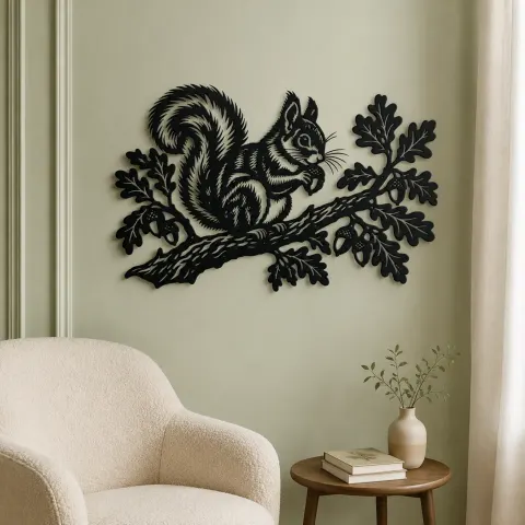 Vue alternative de Squirrel Oak Branch Metal Wall Art | Wildlife Silhouette Decor