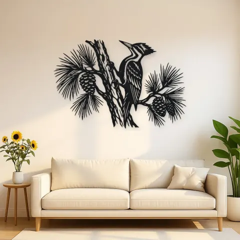 Woodpecker Pine Metal Wall Art | Wildlife Silhouette Decor