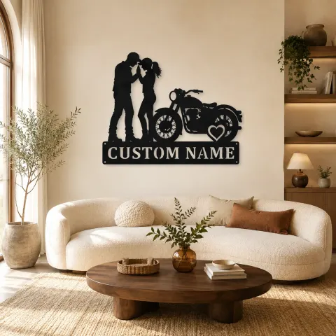 Décoration murale en métal personnalisée Couple Moto Vintage avec Cœur