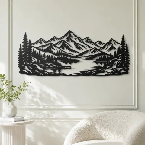 Vue alternative de Highland Lake View Metal Wall Art | Nature Silhouette Decor