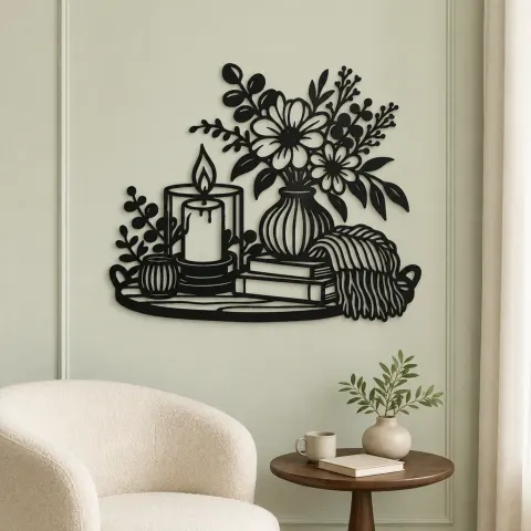 Vue alternative de Candle and Flowers Metal Wall Art | Cozy Home Metal Decor
