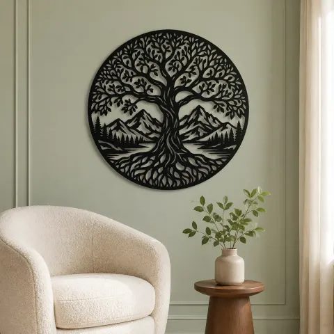 Vue alternative de Tree and Mountain Circle Metal Wall Art | Botanical Metal Wall Decor