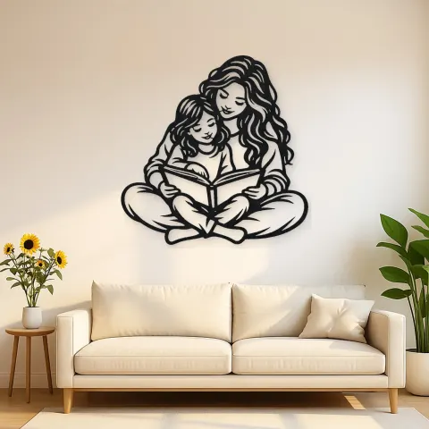 Parent Child Reading Metal Wall Art | Family Silhouette Decor