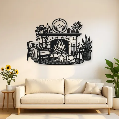 Modern Fireplace Scene Metal Wall Art | Cozy Home Metal Decor
