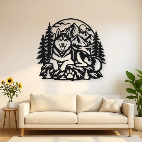 Husky Mountain Metal Wall Art | Pet Lover Silhouette Decor