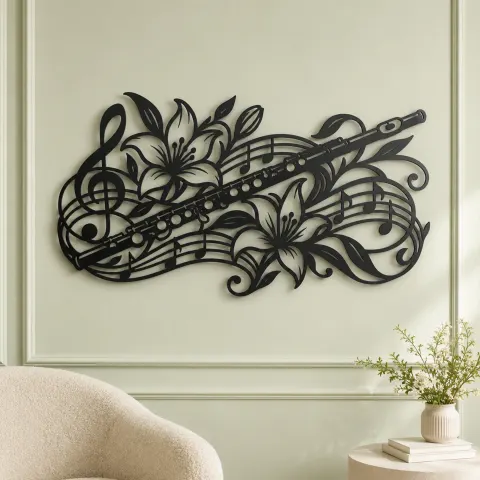Vue alternative de Flute Botanical Line Metal Wall Art | Music Room Wall Decor