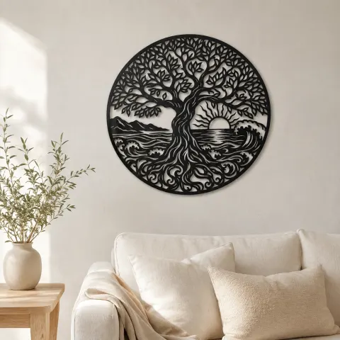 Tree and Ocean Circle Metal Wall Art | Coastal and Nautical Wall Decor