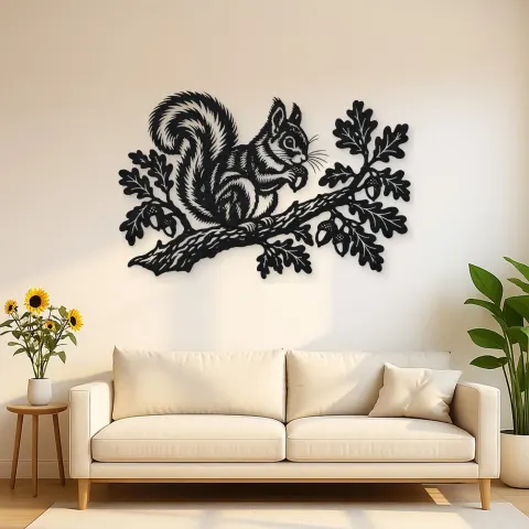 Squirrel Oak Branch Metal Wall Art | Wildlife Silhouette Decor