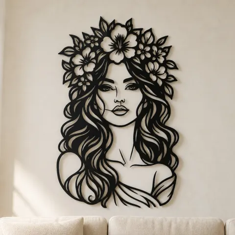 Floral Crown Muse Metal Wall Art | Minimalist Woman Line Art