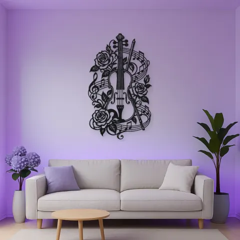 Vue alternative de Violin and Roses Metal Wall Art | Music Room Wall Decor