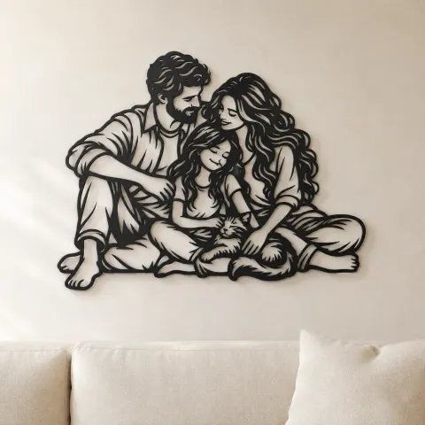 Family with Cat Metal Wall Art | Pet Lover Silhouette Decor