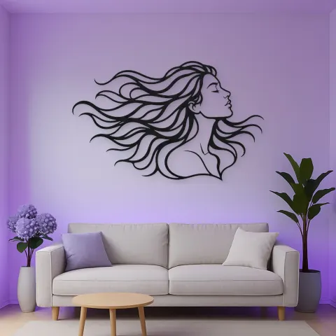 Vue alternative de Windblown Hair Face Metal Wall Art | Minimalist Woman Line Art