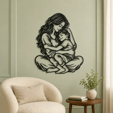 Vue alternative de Mother Son Cuddle Metal Wall Art | Family Silhouette Decor