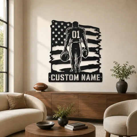 Décoration murale en métal personnalisée avec joueur de football numéro 01 et le drapeau