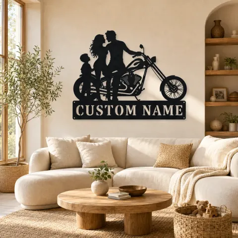 Décoration murale en métal personnalisée pour famille de trois avec chopper