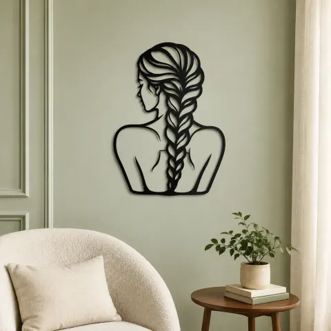Vue alternative de Braided Hair Muse Metal Wall Art | Minimalist Woman Line Art